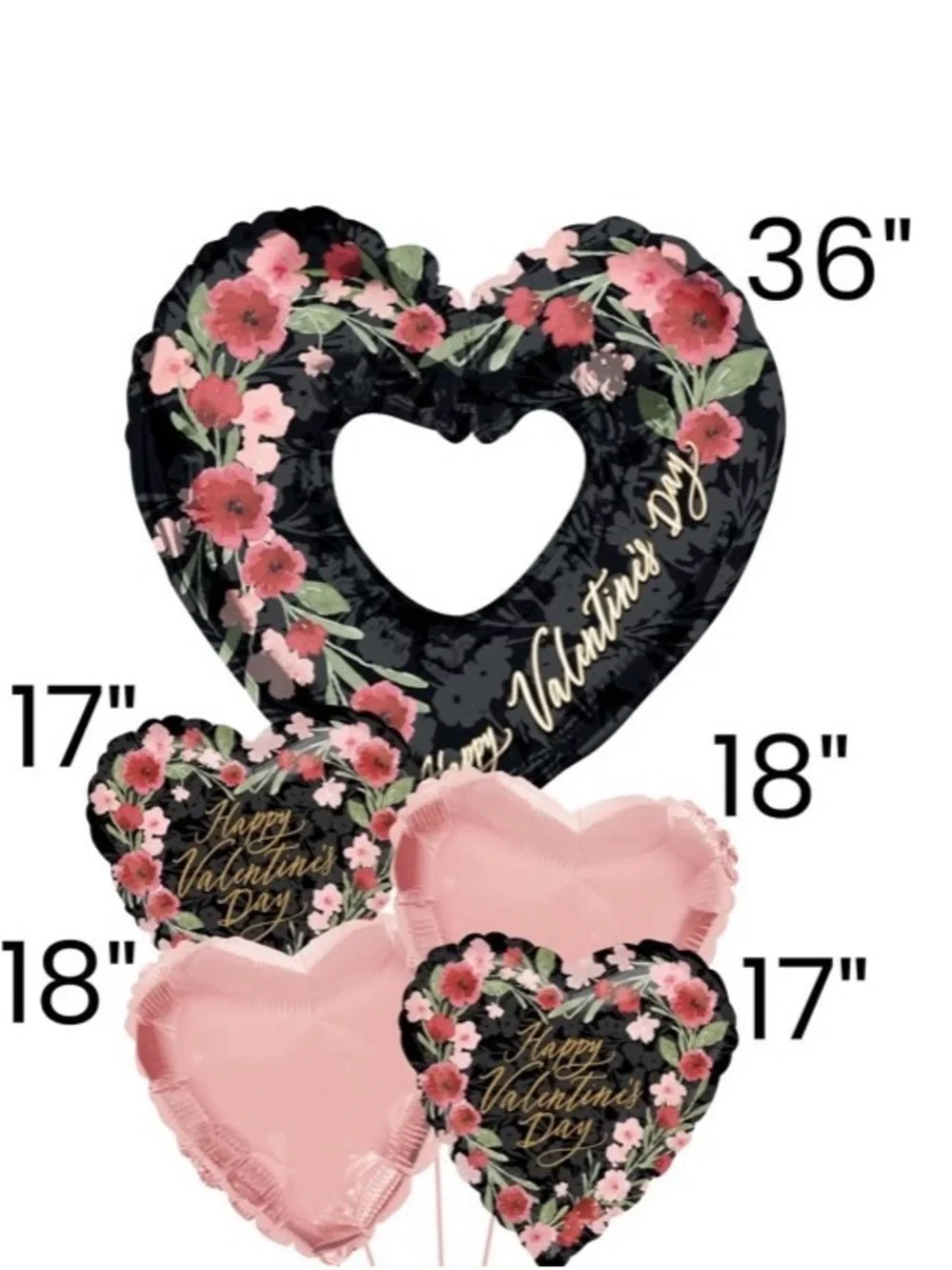 5 pc Valentine's Day Heart Balloon Bouquet - Pink & Black Floral Foil Mylar